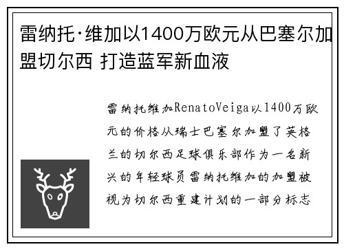 雷纳托·维加以1400万欧元从巴塞尔加盟切尔西 打造蓝军新血液 雷纳托·维加以1400万欧元从巴塞尔加盟切尔西 打造蓝军新血液